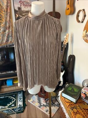 Vintage Hal Ferman Pleated Taupe Mock-Neck Blouse